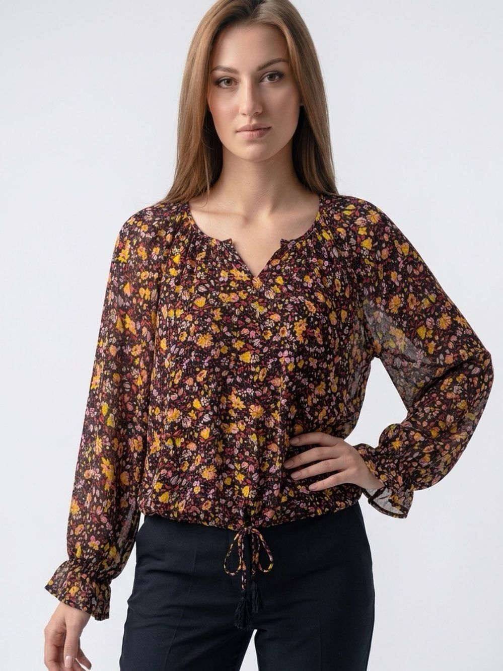 BY ANTHROPOLOGIE | Floral Tie-Hem Puff Long-Sleeve Blouse Women’s Size Medium